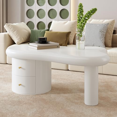 Trelomix Moderner Weißer Couchtisch mit Unregelmäßiger Form – 2 Schubladen, Platzsparend, Stilvoll, Stabil – Perfekt für Wohnzimmer & Mehrzwecknutzung von Trelomix