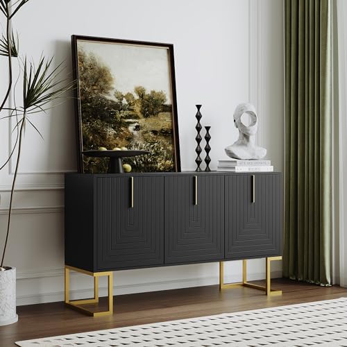 Trelomix Modernes 3-türiges Sideboard mit verstellbaren Regalen, U-förmigen Schranktüren und Metallgriffen und Sockel für Esszimmer und Küche (Schwarz) von Trelomix