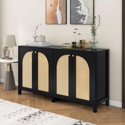 Trelomix Modernes Sideboard im minimalistischen Stil 4-Rattantür, Metallgriff einfaches Buffetschrank für Esszimmer, Wohnzimmer, Küche (Schwarz) von Trelomix