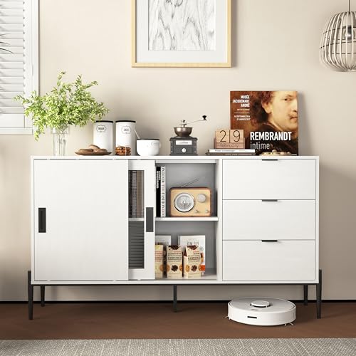 Trelomix Modernes Sideboard mit Glasschiebetür und 3 Schubladen, Konsolentisch für den Eingangsbereich, Küchenbuffetschrank für Flure, Eingänge, Küchen, Arbeitszimmer, Weiß von Trelomix