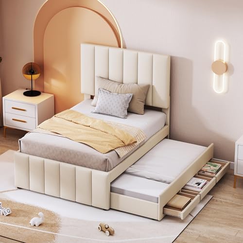 Trelomix Polsterbett 90 x 200 cm mit Rollbett und Stauraumschubladen, hautfreundliche Leinenpolsterung, flaches Einzelbett, Kinderbett, Jugendbett, Gästebett (Beige) von Trelomix