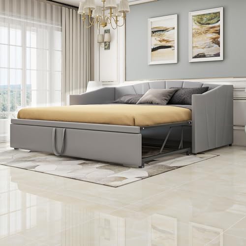 Trelomix Polsterbett Ausziehbares Schlafsofa 90/180 * 200 cm mit Lattenrosten, Multifunktionsbett aus hautfreundlichem Samtstoff Grau von Trelomix