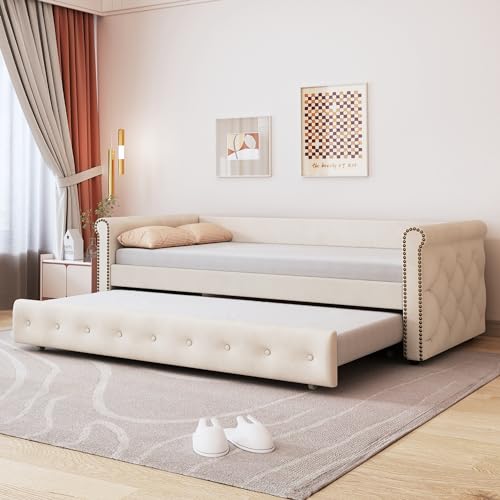 Trelomix Polsterbett Kinderbett 90x200 ausziehbares Schlafsofa Beige hautfreundlicher Samtstoff Jugendbett Kinderbett Gästebett von Trelomix