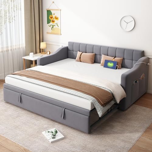 Trelomix Polsterbett Schlafsofa 2 in 1 Multifunktionsschlafsofa 90/180, Grau Samtstoff Polsterbett mit Steckdose und Aufbewahrungstasche Trelomix Polsterbett Schlafsofa 2 in 1 Multifunktionsschlafsofa 90/180, Grau Samtstoff Polsterbett mit Steckdose und Aufbewahrungstasche von Trelomix