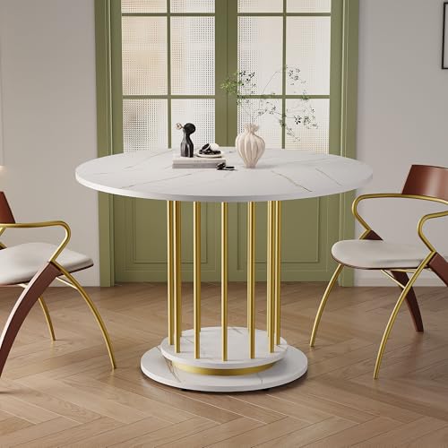 Trelomix Runder Esstisch mit Marmoroptik Modernes Design mit Metallgestell, Platzsparender Küchentisch für 2–4 Personen, Perfekt für Esszimmer oder Wohnzimmer (Weiß+Gold) von Trelomix