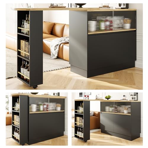 Trelomix Um 360° drehbare Essbar (Hauptkörper 90 x 45 x 100 cm), schwarzes, modernes, einfaches, multifunktionales, drehbares Sideboard mit Ablageflächen und Glas, geeignet für Küchen und Restaurants von Trelomix