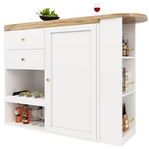 Trelomix Um 360° drehbarer Bartisch (Hauptkörper 105 x 39 x 102 cm), mit 2 Schubladen und Schiebetürschrank, 3 Ebenen offener Stauraum, geeignet für Esszimmer/Arbeitszimmer/Wohnzimmer usw von Trelomix
