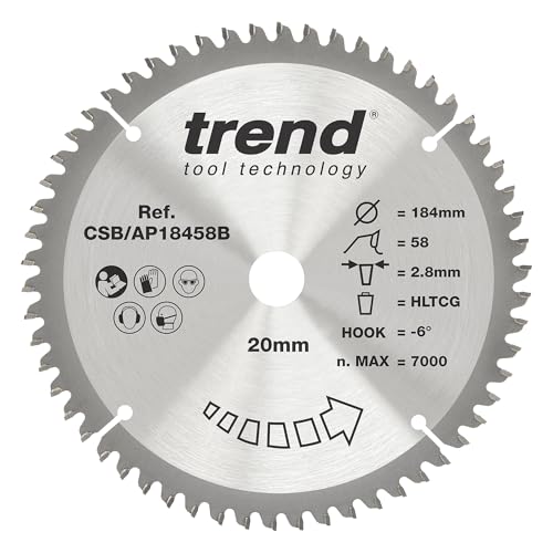 Trend Aluminium & Kunststoff Kreissägeblatt, 184mm Durchmesser, 16mm Bohrung, 58 Zähne, HW, 2,8mm Schnittbreite, -6° Haken, CSB/AP18458 von TREND