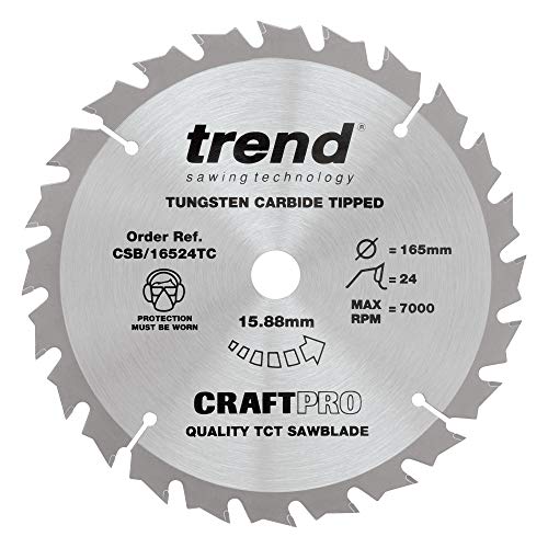 Trend CraftPro TCT-Sägeblatt - 165 mm Durchmesser x 5/8 Zoll (15,88 mm) Bohrung x 24 Zähne, für Akku-Kreissägen, Hartmetallbestückung, CSB/16524TC von TREND
