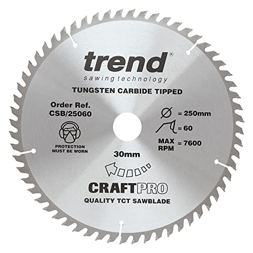 Trend CraftPro Besäumkreissägeblatt für Tisch- und Kreissägen, 250 mm Durchmesser x 60 Zähne x 30 Bohrung, Hartmetallbestückt, CSB/25060 von TREND