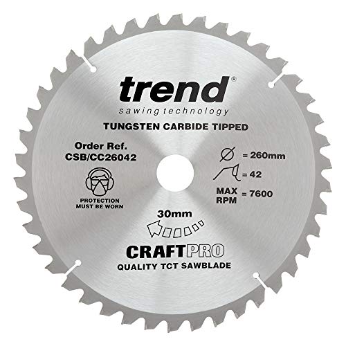 Trend CraftPro Negative Hook Crosscutting TCT Kreissägeblatt, 260mm Durchmesser x 42 Zähne x 30mm Bohrung, Hartmetallbestückt, CSB/CC26042 von TREND