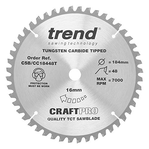 Trend CraftPro Negative Hook Crosscutting TCT Sägeblatt, 184mm Durchmesser x 48 Zähne x 16mm Bohrung, Hartmetallbestückt, CSB/CC18448T von TREND