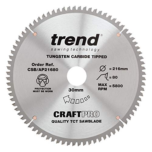 Trend CraftPro Arbeitsplatte Aluminium und Kunststoff TCT Kreissägeblatt, 216mm Durchmesser x 80 Zähne x 30mm Bohrung, Hartmetallbestückt, CSB/AP21680 von TREND