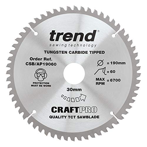 Trend CraftPro Arbeitsplatte Aluminium und Kunststoff TCT Kreissägeblatt, 190mm Durchmesser x 60 Zähne x 30mm Bohrung, Hartmetallbestückt, CSB/AP19060 von TREND