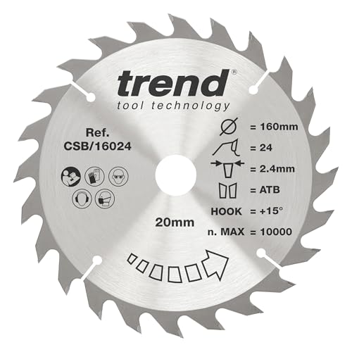 Trend Holz Kreissägeblatt, 160mm Durchmesser, 20mm Bohrung, 24 Zähne, HW, 2,4mm Schnittbreite, +15° Haken, CSB/16024 von TREND