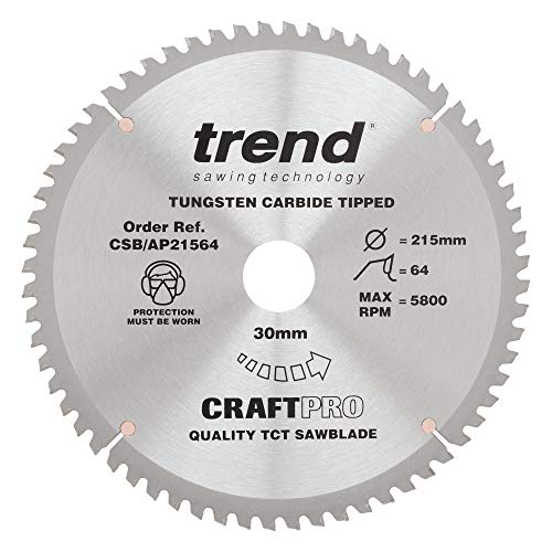 Trend CraftPro Arbeitsplatte Aluminium und Kunststoff TCT Kreissägeblatt, 215mm Durchmesser x 64 Zähne x 30mm Bohrung, Hartmetallbestückt, CSB/AP21564 von TREND