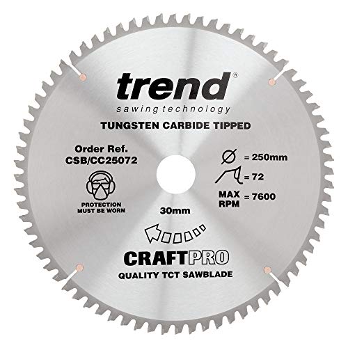 Trend CraftPro Negative Hook Crosscutting TCT Kreissägeblatt, 250mm Durchmesser x 72 Zähne x 30mm Bohrung, Hartmetallbestückt, CSB/CC25072 von TREND