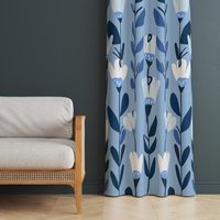 Blauer Tulpenvorhang, Orla Kiely Style Floral Fenstervorhänge, Moderner Retro-Vorhang, Dekorativer Akzent-Fenstervorhang von TrendHomeDesign