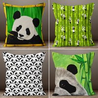 Panda Deko Kissenbezug, Tierliebhaber Bambus Grün Schwarz Weiß Tiere Pandas Kissenhülle von TrendHomeDesign