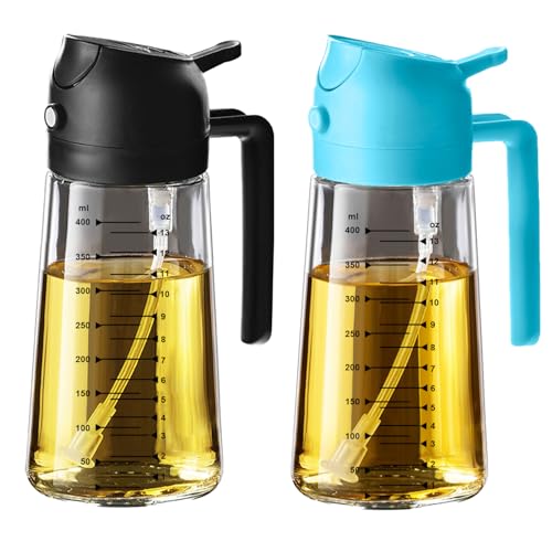 TrendPlain 16oz Ölsprüher für Speiseöl – 470ml Olivenöl Flasche – 2-in-1 Ölspender und Ölsprüher – Küchen Gadgets für Kochen, Salat und Grill (2 Stück, Schwarz&Himmelblau) von TrendPlain