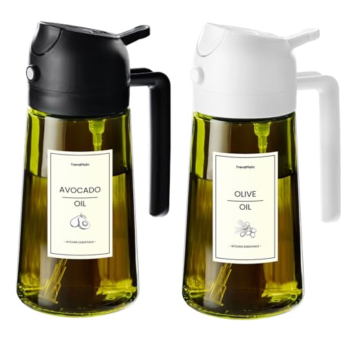 TrendPlain - 470ml Öl Sprühflasche - 2 in 1 Ölspender und Ölsprüher - Ölspray mit Etiketten - Küchen Gadgets für Kochen, Salat und Grill - mit lichtschützendem Design - 2 Stück Schwarz & Weiß von TrendPlain