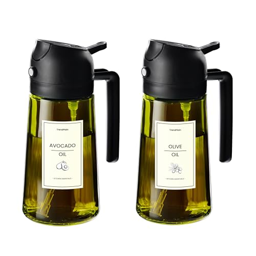 TrendPlain - 470ml Öl Sprühflasche - 2 in 1 Ölspender und Ölsprüher - Ölspray mit Etiketten - Küchen Gadgets für Kochen, Salat und Grill - mit lichtschützendem Design - 2 Stück Schwarz von TrendPlain