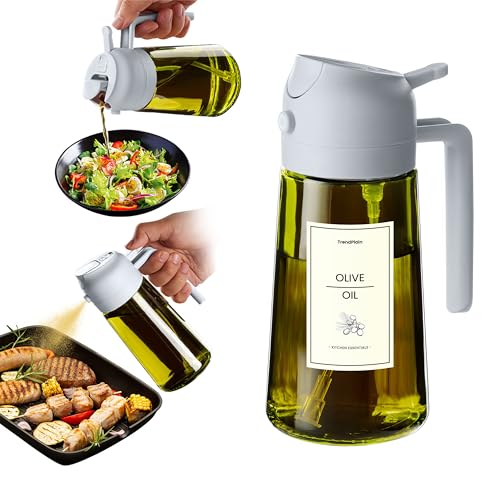 TrendPlain - 470ml Öl Sprühflasche - 2 in 1 Ölspender und Ölsprüher - Ölspray mit Etiketten - Küchen Gadgets für Kochen, Salat und Grill - mit lichtschützendem Design - Aschgrau von TrendPlain