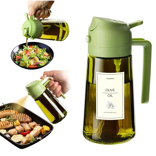 TrendPlain - 470ml Öl Sprühflasche - 2 in 1 Ölspender und Ölsprüher - Ölspray mit Etiketten - Küchen Gadgets für Kochen, Salat und Grill - mit lichtschützendem Design - Grün von TrendPlain