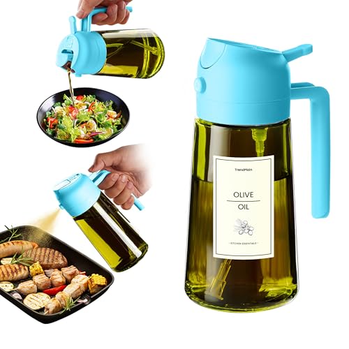TrendPlain - 470ml Öl Sprühflasche - 2 in 1 Ölspender und Ölsprüher - Ölspray mit Etiketten - Küchen Gadgets für Kochen, Salat und Grill - mit lichtschützendem Design - Himmelblau von TrendPlain