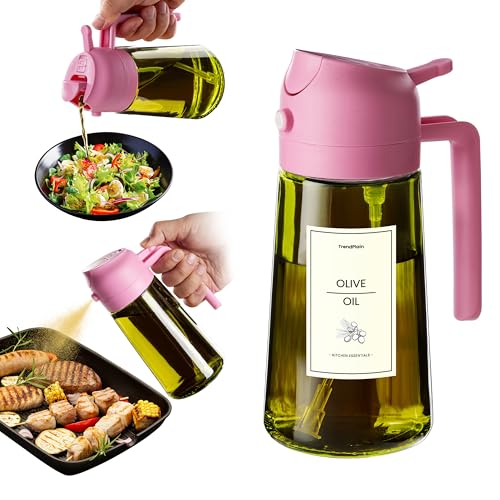 TrendPlain - 470ml Öl Sprühflasche - 2 in 1 Ölspender und Ölsprüher - Ölspray mit Etiketten - Küchen Gadgets für Kochen, Salat und Grill - mit lichtschützendem Design - Pink von TrendPlain