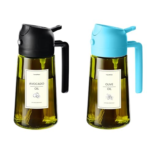 TrendPlain - 470ml Öl Sprühflasche - 2 in 1 Ölspender und Ölsprüher - Ölspray mit Etiketten - Küchen Gadgets für Kochen, Salat und Grill - mit lichtschützendem Design - Schwarz & Himmelblau von TrendPlain