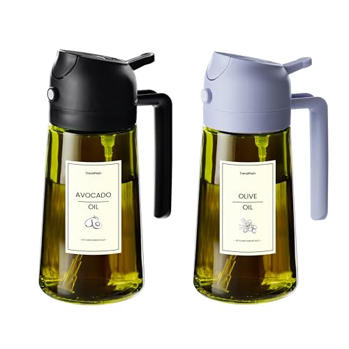 TrendPlain - 470ml Öl Sprühflasche - 2 in 1 Ölspender und Ölsprüher - Ölspray mit Etiketten - Küchen Gadgets für Kochen, Salat und Grill - mit lichtschützendem Design - Schwarz & Lila von TrendPlain