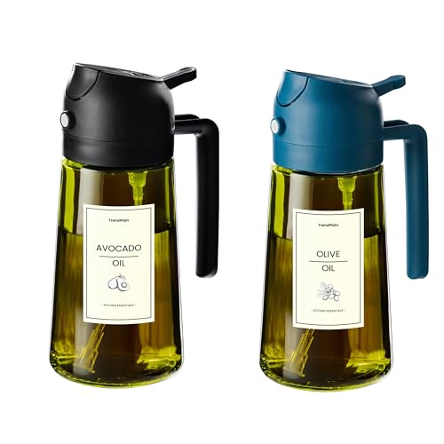 TrendPlain - 470ml Öl Sprühflasche - 2 in 1 Ölspender und Ölsprüher - Ölspray mit Etiketten - Küchen Gadgets für Kochen, Salat und Grill - mit lichtschützendem Design - Schwarz & Marineblau von TrendPlain