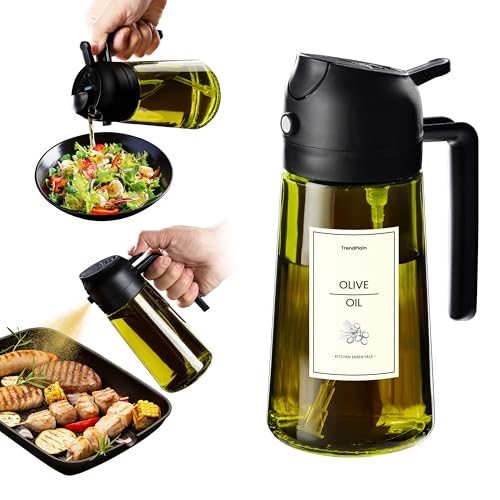 TrendPlain - 470ml Öl Sprühflasche - 2 in 1 Ölspender und Ölsprüher - Ölspray mit Etiketten - Küchen Gadgets für Kochen, Salat und Grill - mit lichtschützendem Design - Schwarz von TrendPlain
