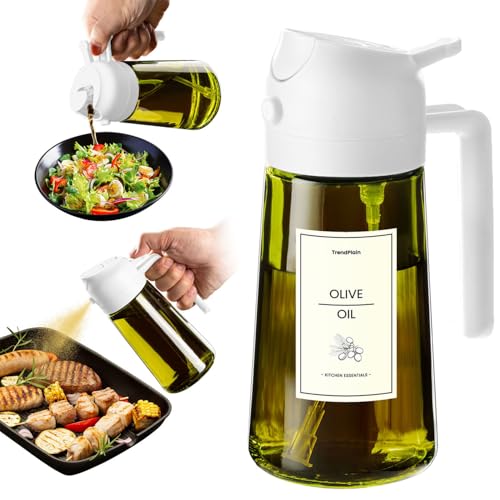 TrendPlain - 470ml Öl Sprühflasche - 2 in 1 Ölspender und Ölsprüher - Ölspray mit Etiketten - Küchen Gadgets für Kochen, Salat und Grill - mit lichtschützendem Design - Weiß von TrendPlain