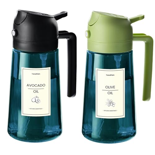 TrendPlain Ölsprüher für Speiseöl – 2 Stück 470ml Olivenöl Flaschen mit Sichtschutz – 2-in-1 Ölspender & Sprühflasche – Mit Etiketten zur Beschriftung – Küchen Gadgets – Schwarz & Grün von TrendPlain