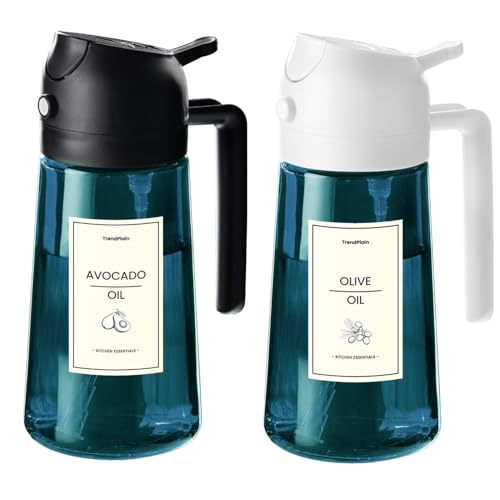 TrendPlain Ölsprüher für Speiseöl – 2 Stück 470ml Olivenöl Flaschen mit Sichtschutz – 2-in-1 Ölspender & Sprühflasche – Mit Etiketten zur Beschriftung – Küchen Gadgets – Schwarz & Weiß von TrendPlain