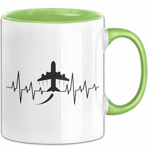 Flugzeuge Tasse Geschenk Herzschlag Flughafen Geschenkidee (Grün) von Trendation