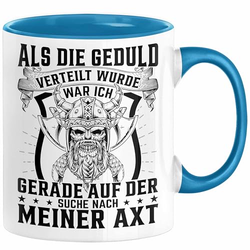 Forstwirt Geschenk Tasse Waldarbeiter Axt Holz Hacken Totenkopf Wikinger Kaffee-Becher für Holzfäller (Blau) von Trendation