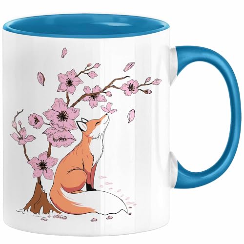 Fuchs Tasse Geschenk Fox Japanese Kirschblüte Blume Vintage Fuchs Kaffee-Becher (Blau) von Trendation