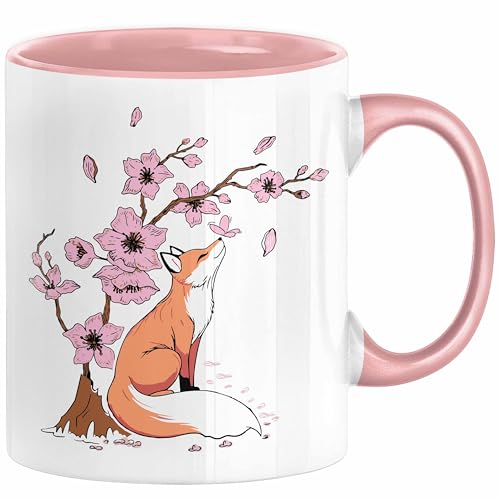 Fuchs Tasse Geschenk Fox Japanese Kirschblüte Blume Vintage Fuchs Kaffee-Becher (Rosa) von Trendation