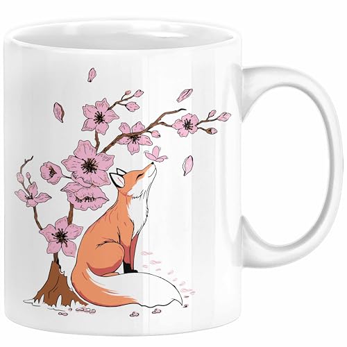 Fuchs Tasse Geschenk Fox Japanese Kirschblüte Blume Vintage Fuchs Kaffee-Becher (Weiß) von Trendation