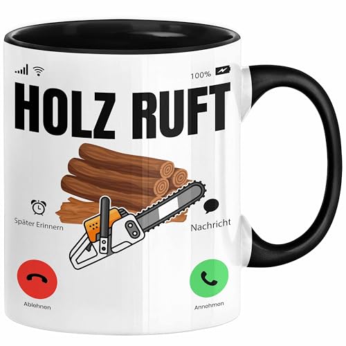 Holzarbeiter Schreiner Tischler Geschenk Tasse Holz Ruft An Holzarbeit Waldarbeiter Kaffee-Becher (Schwarz) von Trendation
