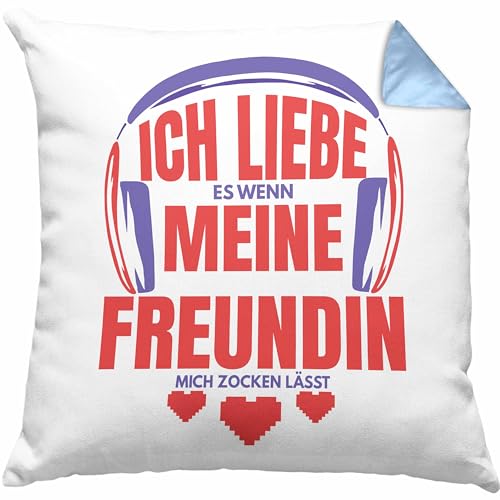 Ich Liebe Es Wenn Meine Freundin Mich Zocken Lässt Gamer Geschenk Liebe Valentinstag Spruch GeschenkKissen mit Füllung 40x40 (Blau) von Trendation