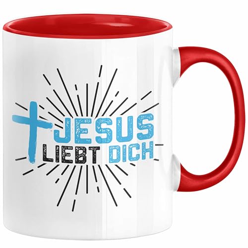 Jesus Liebt Dich Tasse Geschenk Ostern Christentum Kirche Gläubiger Geschenkidee Kaffee-Becher Häferl (Rot) von Trendation