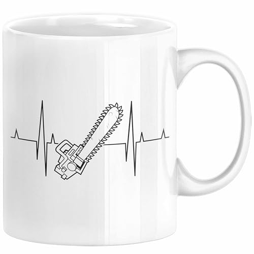 Kettensäge Herzschlag Tasse Waldarbeiter Geschenk Lustige Geschenkidee Forstarbeiter (Weiß) von Trendation