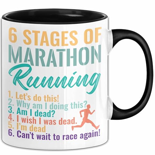 Marathon-Läufer Tasse Geschenk Jogger 6 Stages Of Marathon Running Joggen Kaffee-Becher (Schwarz) von Trendation