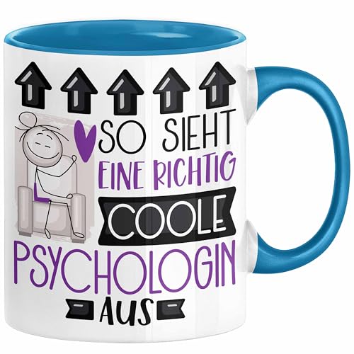 Psychologin Geschenk Tasse Geschenkidee für Psychologin Geburtstag Weihnachten Spruch So Sieht Eine Richtig Coole Psychologin Aus Kaffee-Becher (Blau) von Trendation