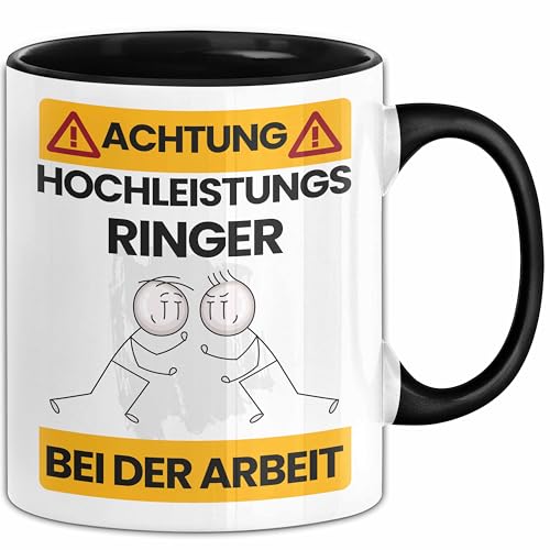 Ringer Tasse Geschenk Lustiger Spruch Geschenkidee für Ringer Achtung Hochleistungs Ringer Bei Der Arbeit (Schwarz) von Trendation