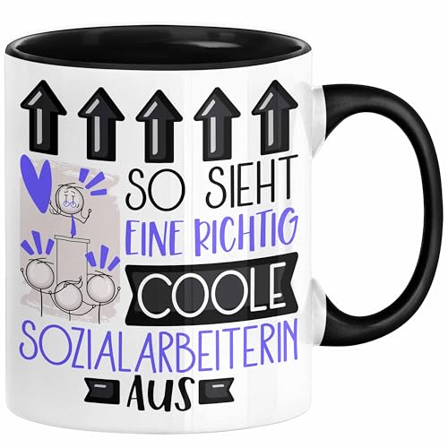 Sozialarbeiterin Geschenk Tasse Geschenkidee für Sozialarbeiterin Geburtstag Weihnachten Spruch So Sieht Eine Richtig Coole Sozialarbeiterin Aus Kaffee-Becher (Schwarz) von Trendation